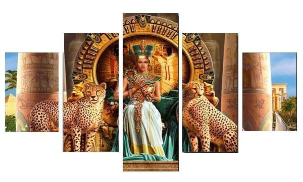 Diamond Painting Egyptische Goden Koningin Met Luipaarden 5 Luiken-Diamond Painter