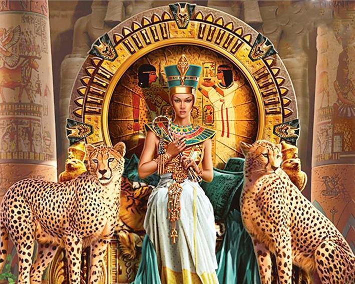 Diamond Painting Egyptische Goden Koningin Met Luipaarden-Diamond Painter