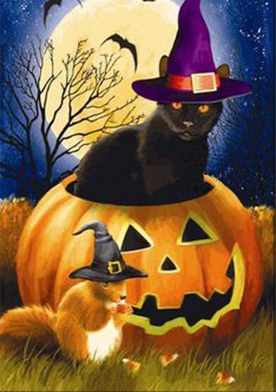 Diamond Painting Halloween Kat en Eekhoorn Met Punt Hoedjes-Diamond Painter