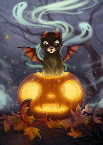 Diamond Painting Halloween Kat Met Hoorns En Vleugels-Diamond Painter